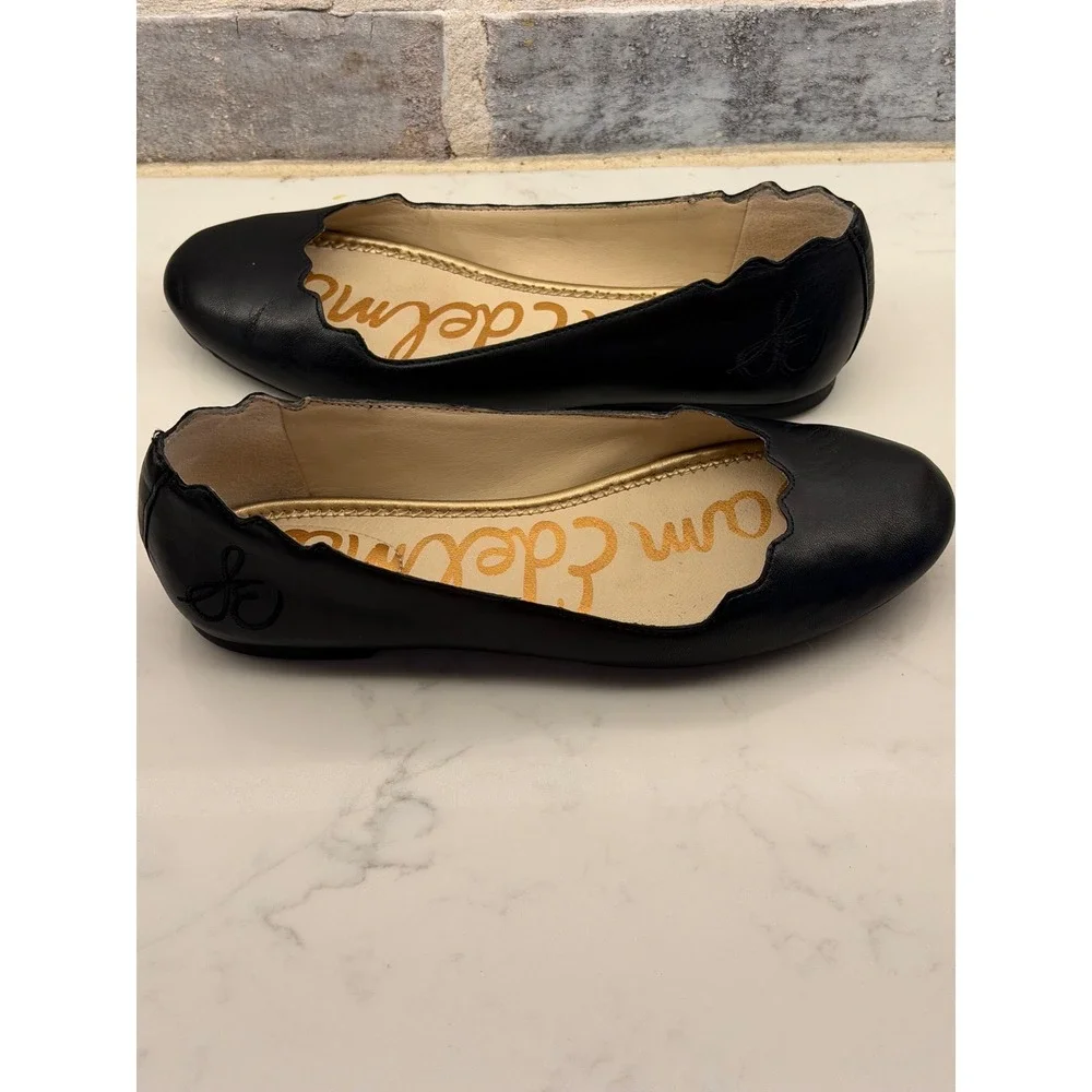 Sam Edelman Felicia Black Leather Scalloped Ballet Flats Womens 6.5